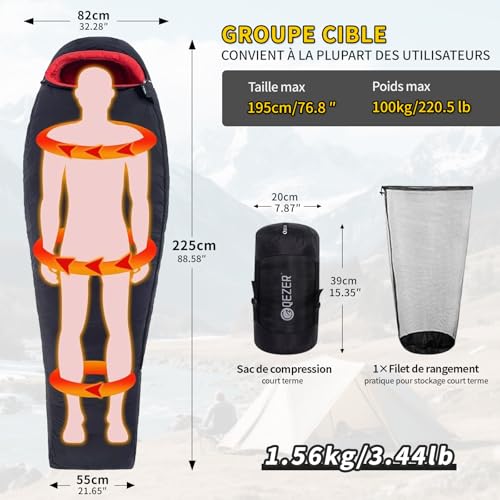 QEZER Sac de Couchage Adulte ultraléger 650FP Petit Paquet, Supportant jusqu'à -30°C, parfait pour Camping et Randonnée 